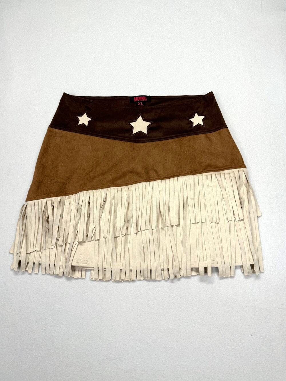 Rock & Roll Denim Womens XL Brown Faux Suede Fringe Star Western Mini Skirt